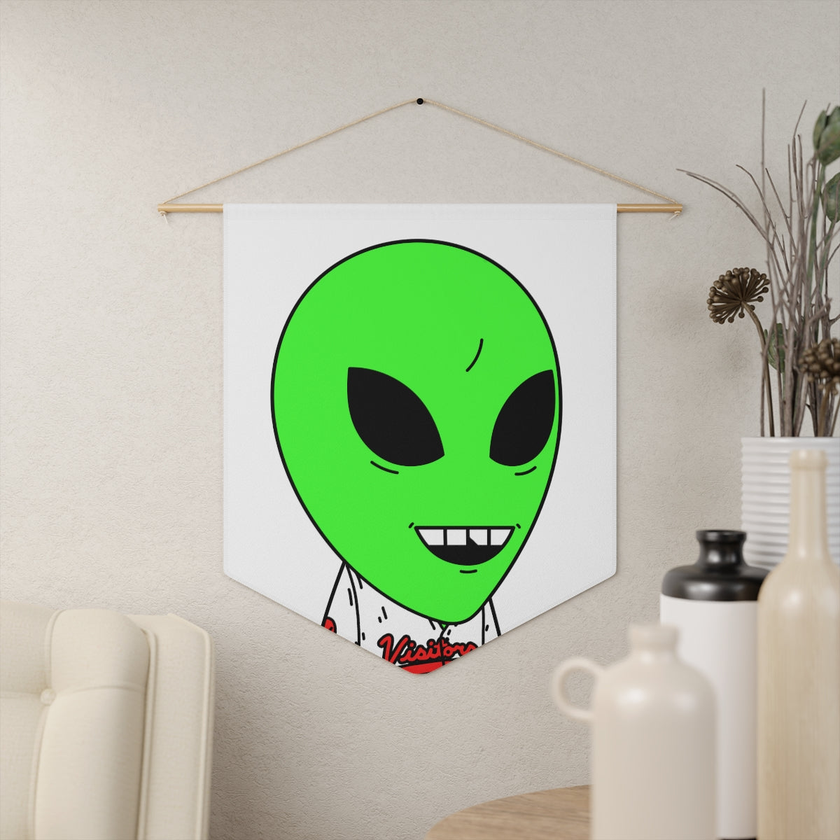 Visi Jersey Chipped Tooth Large Smile Face Green Alien Visitor Pennant