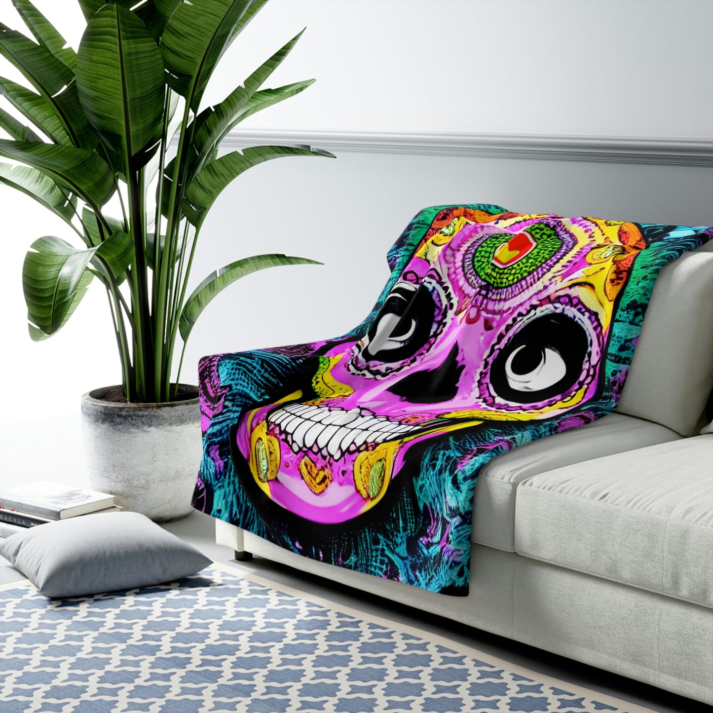 Trippy psychedelic Skull Skeleton Head Face Sherpa Fleece Blanket