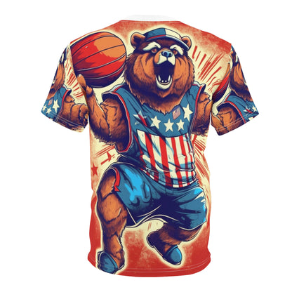 Slam Dunk for Independence:Patriotic Bear's 4th of July Basketball Game Unisex Cut & Sew Tee (AOP)