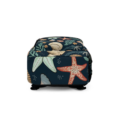 Patrón de inspiración marina con conchas marinas y estrellas de mar dibujadas a mano Mochila