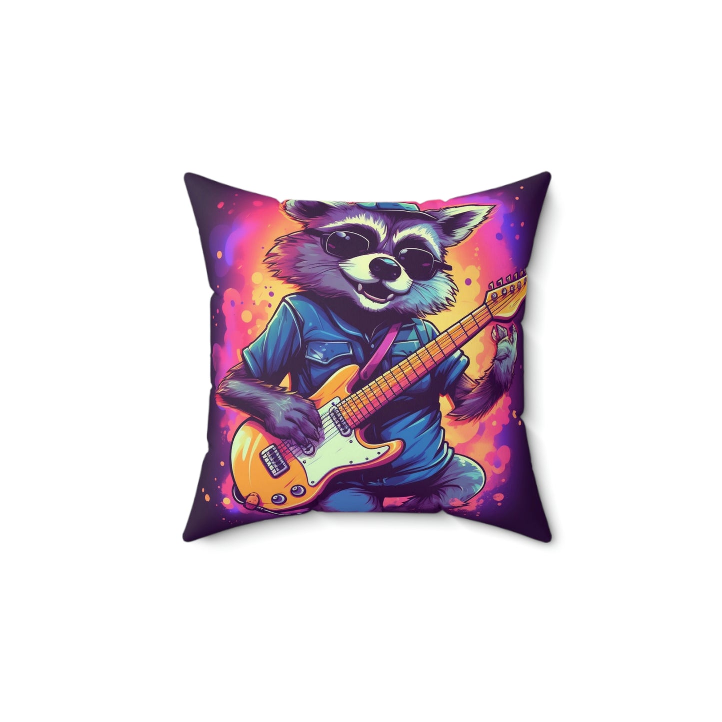 Furry Raccoon Guitarist - Rock Star Animal Music Decor Spun Polyester Square Pillow