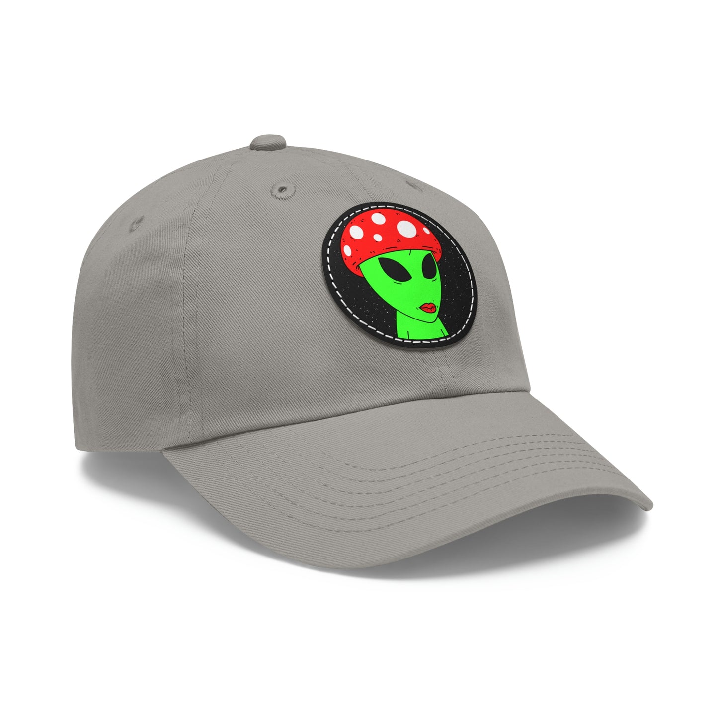 Mushroom Head Green Alien Visitor w/ Red Lips Dad Hat with Leather Patch (Round)