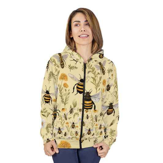 Whimsical Bees & Honeycombs Nature-Friendly Pattern Design Unisex Zip Hoodie (AOP)