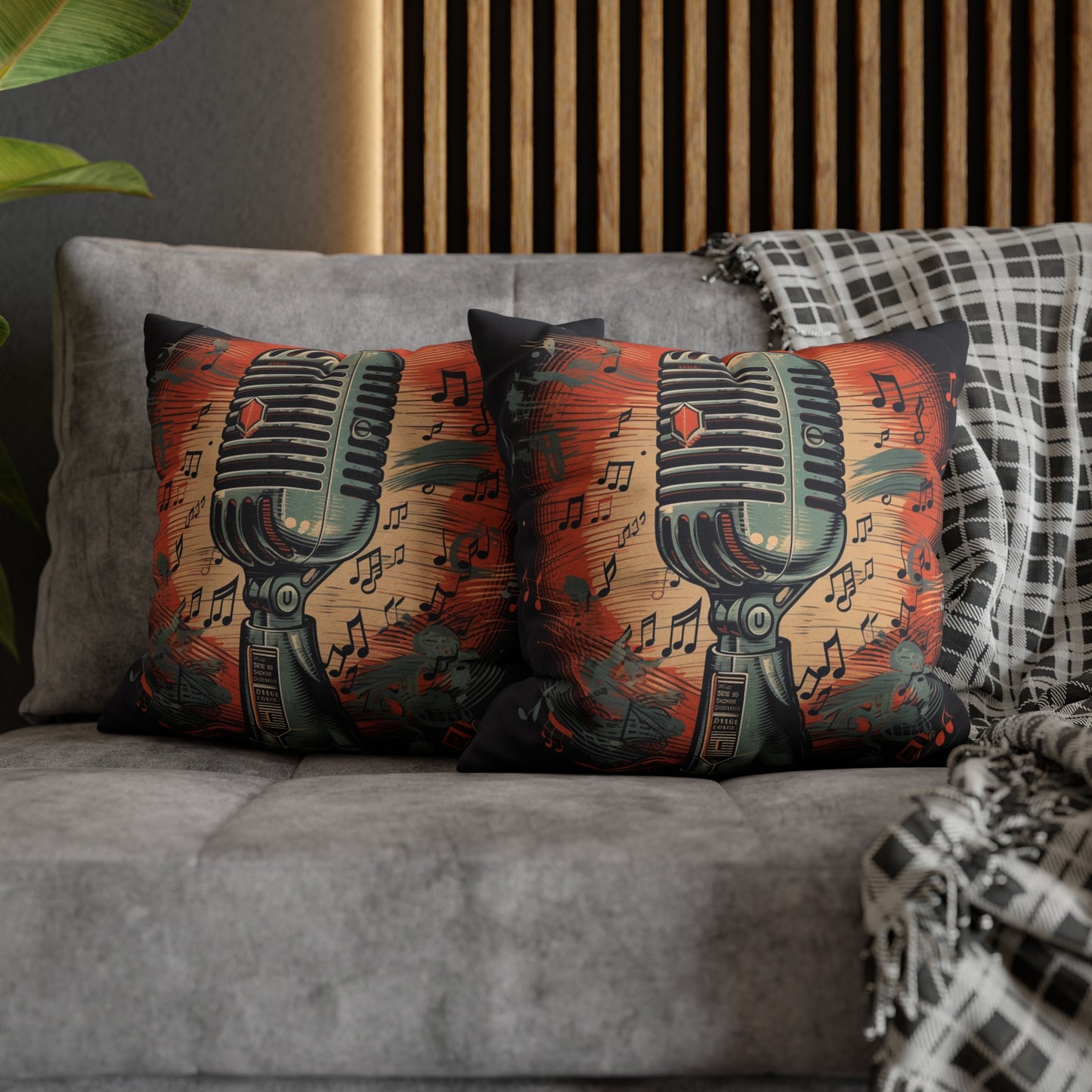 Micrófono retro y notas musicales - Funda de almohada cuadrada de poliéster hilado con diseño de estilo vintage 