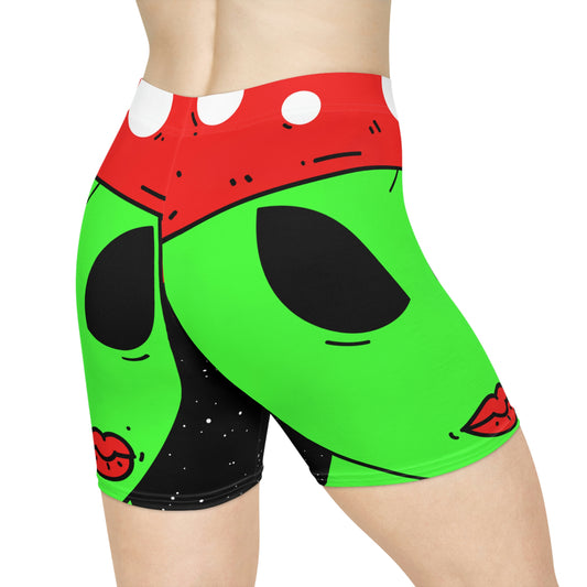 Mushroom Head Green Alien Visitor w/ Red Lips Women's Biker Shorts (AOP)