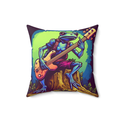 Frog Log Retro Graphic Trippy Musician Instrument Guitar Player Spun Polyester Square Pillow