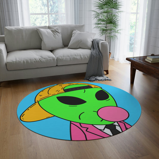 Pink Suit Bubble Gum Visitor Green Alien with Yellow Cap Round Rug - Visitor751