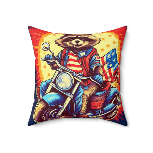 Red White and Blue American Raccoon Biker Motorcyclist Graphic Spun Polyester Square Pillow