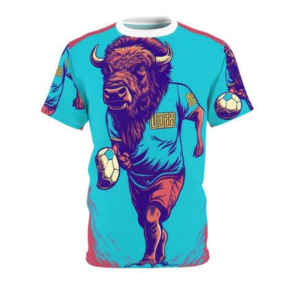 American Bison Soccer Player Sport Buffalo Graphic Camiseta unisex cortada y cosida (AOP) 