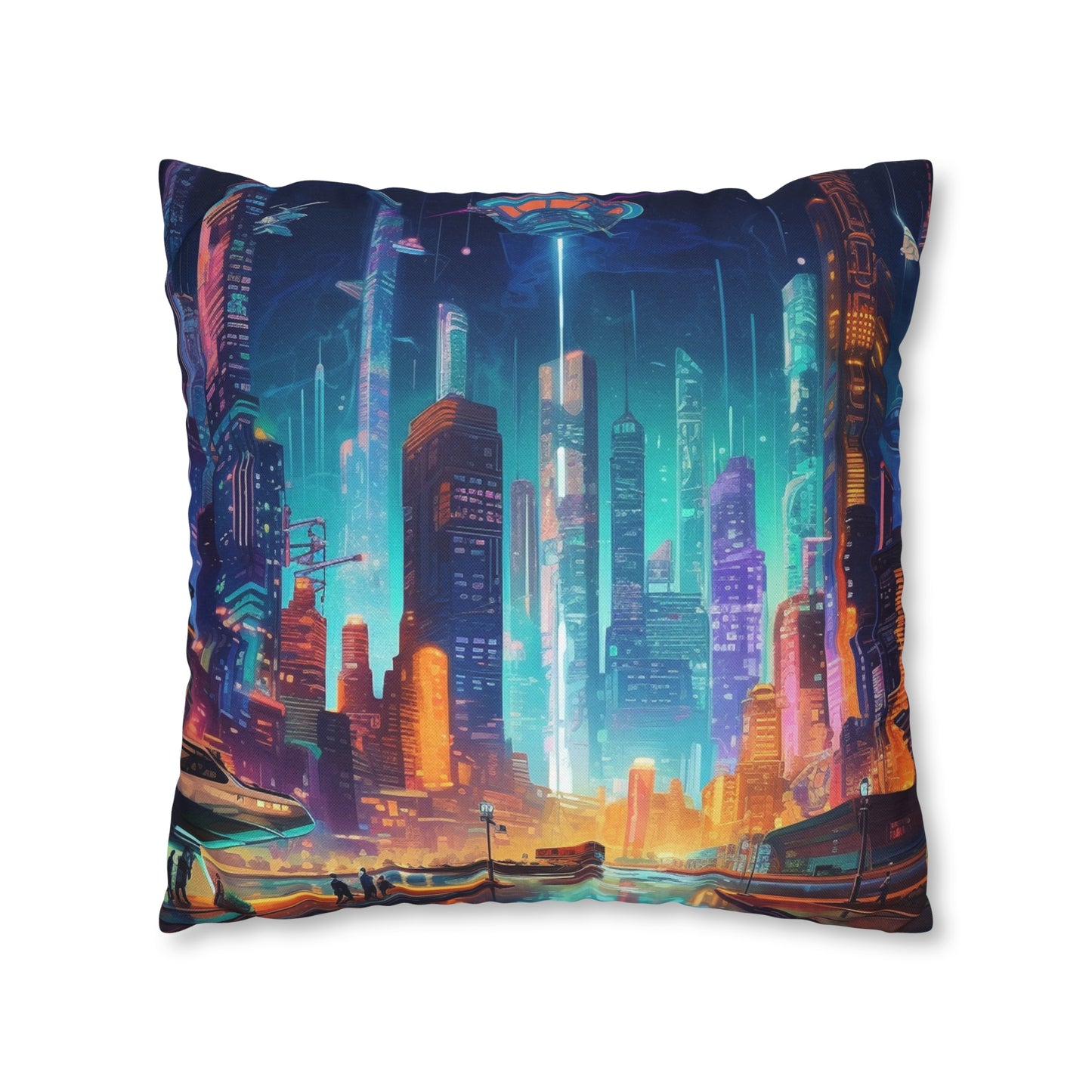 Futuristic Neon Cyberpunk Cityscape Art Design Spun Polyester Square Pillow Case