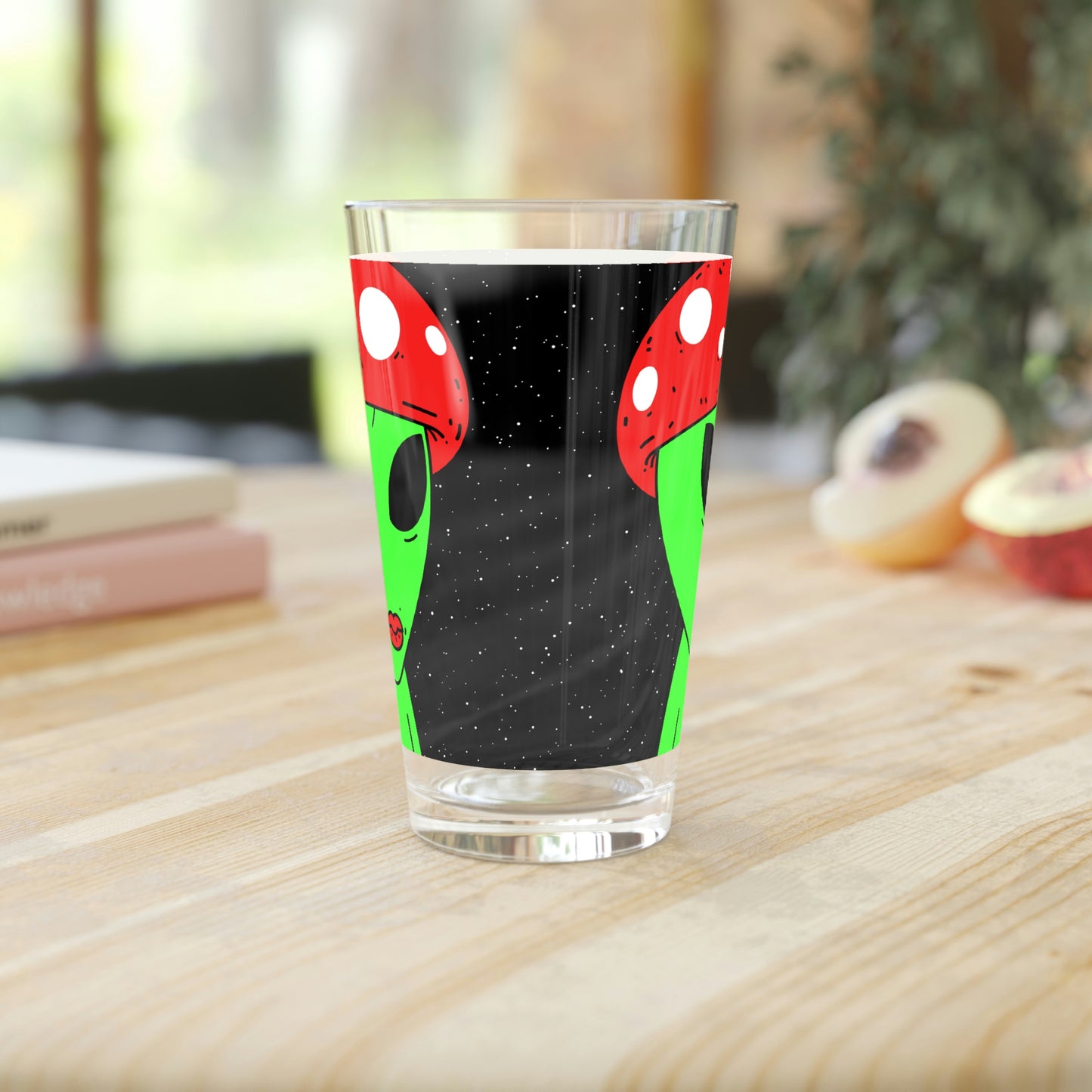 Mushroom Head Green Alien Visitor w/ Red Lips Pint Glass, 16oz