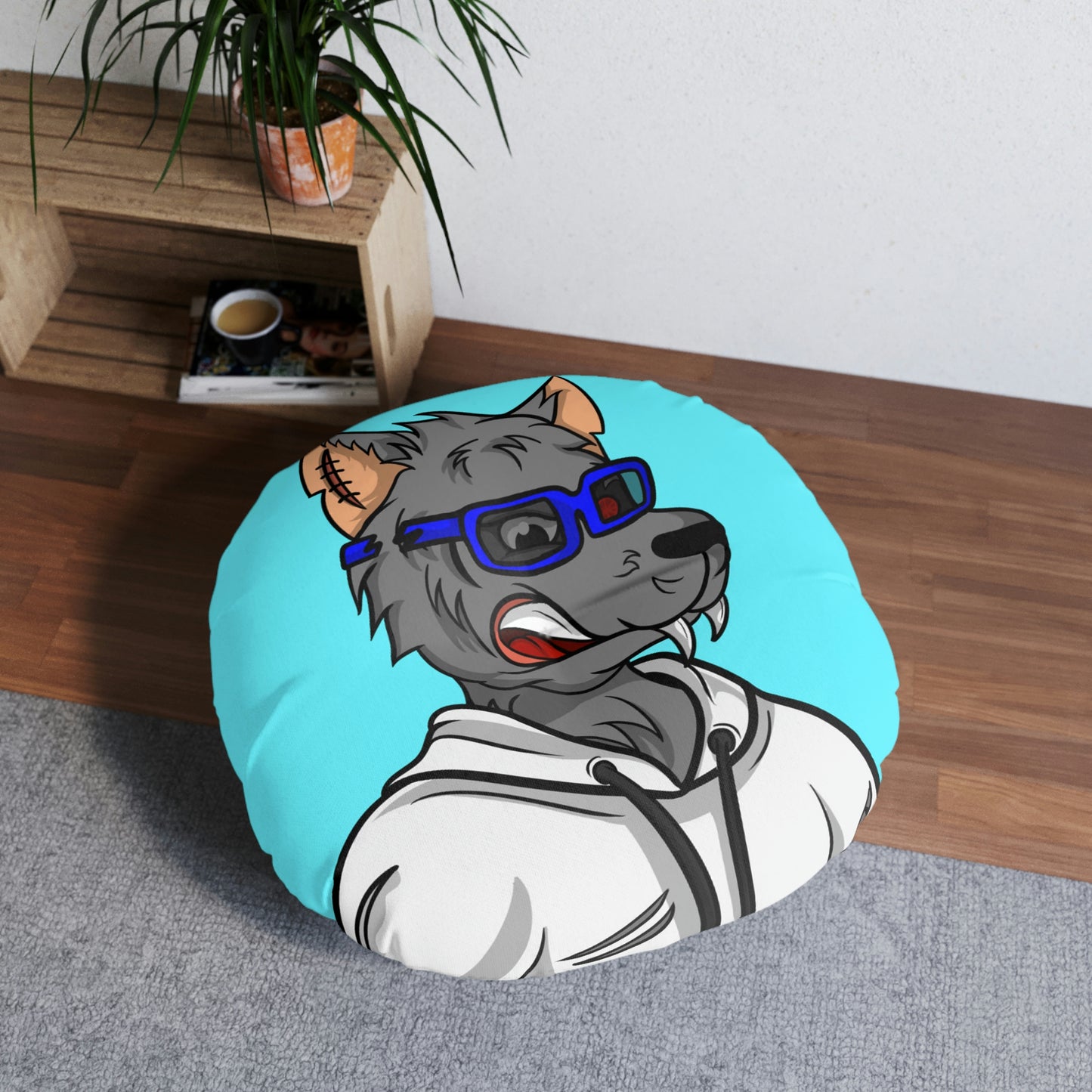 Wolf Fitness Cyborg Werewolve Tufted Floor Pillow, Round