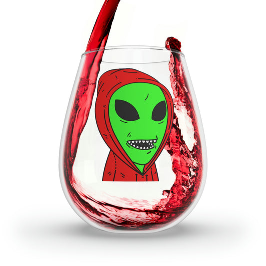 Red Hooded Green Visitor Big Bite Teeth Stemless Wine Glass, 11.75oz