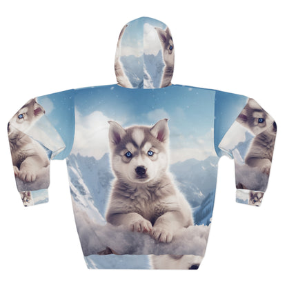 Husky Puppy Winter Wonder - Sudadera con capucha unisex con fondo de montaña nevada (AOP) 