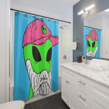 Bearded Green Visitor Pink Alien Hat Cartoon Comic Shower Curtains