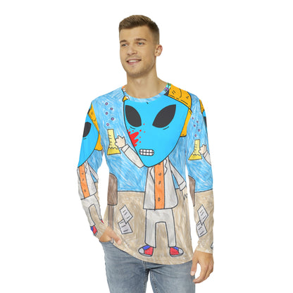 Camisa AOP de manga larga para hombre, científico loco, muestra de sangre, visitante, alienígena azul, experimento loco, prueba 