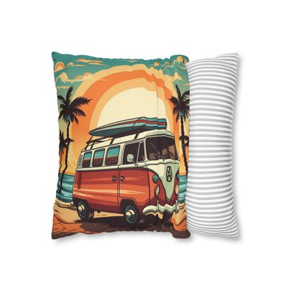 Retro Beach Camper Van - Sunset Surfboard Scene Spun Polyester Square Pillow Case