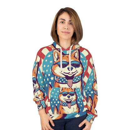 Patriótico Shiba Inu Retro Cartoon -Synthwave Summer Animation Sudadera con capucha unisex (AOP) 