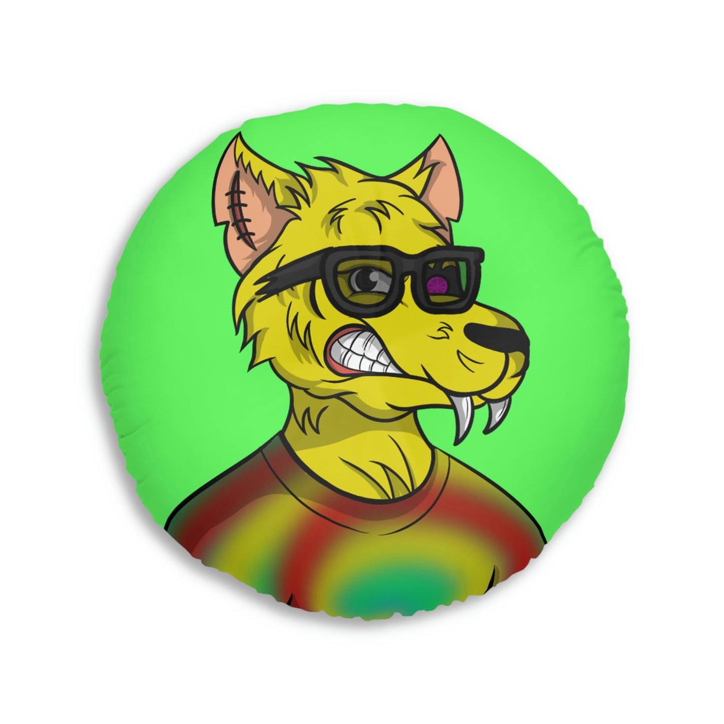 Wolve Cyborg Tie Dye Wolf Shirt Yellow Fur Cool Sun Glasses Tufted Floor Pillow, Round