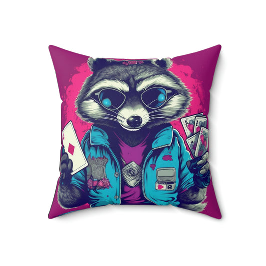 Raccoon Poker Card Player Furry Champion Spun Polyester Square Pillow