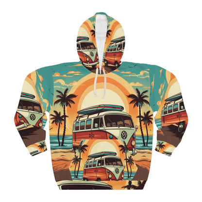 Retro Beach Camper Van - Sunset Surfboard Scene Sudadera con capucha unisex (AOP) 