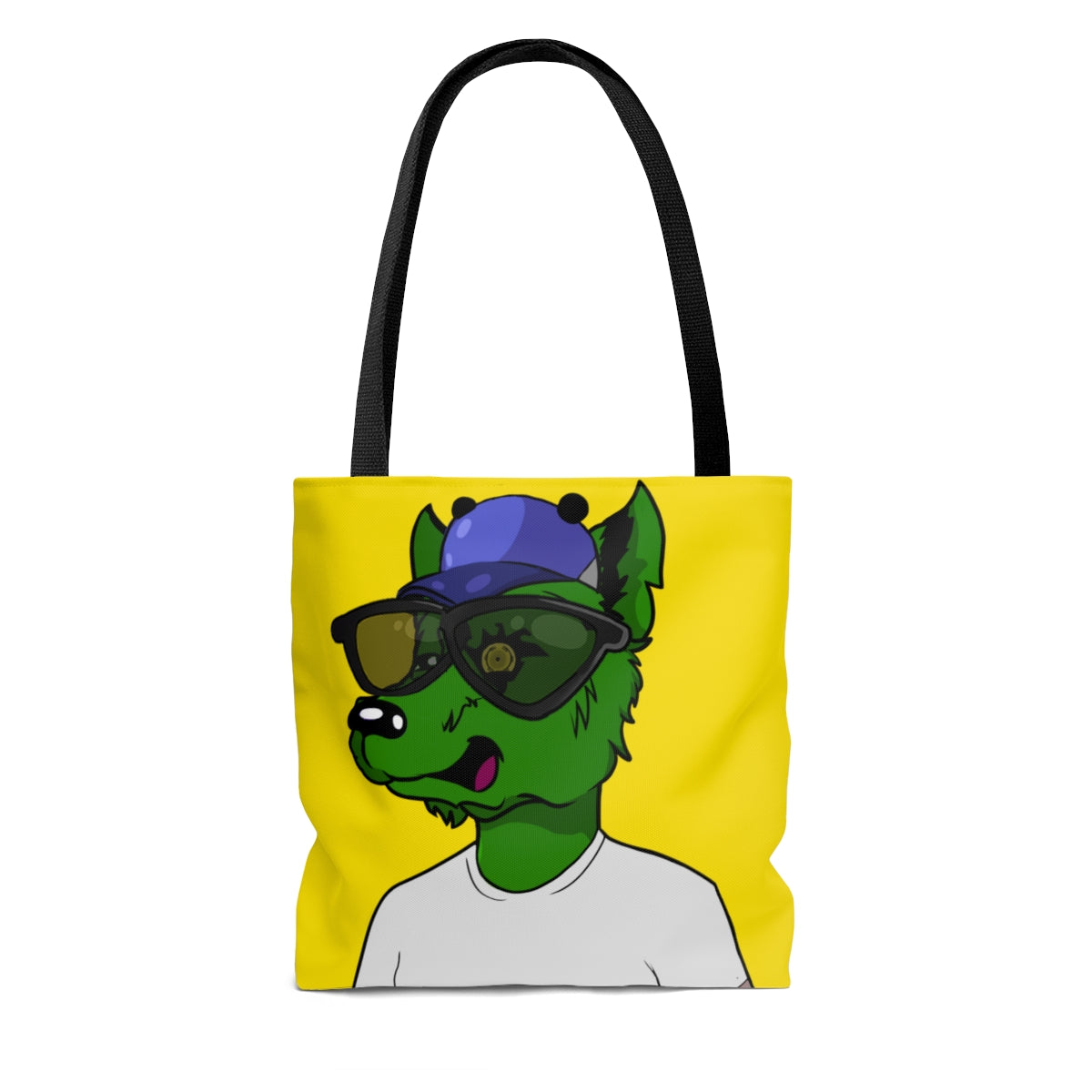 Cyborg Wolve Gafas de sol negras grandes Piel de lobo verde Camiseta blanca AOP Bolsa de tela 