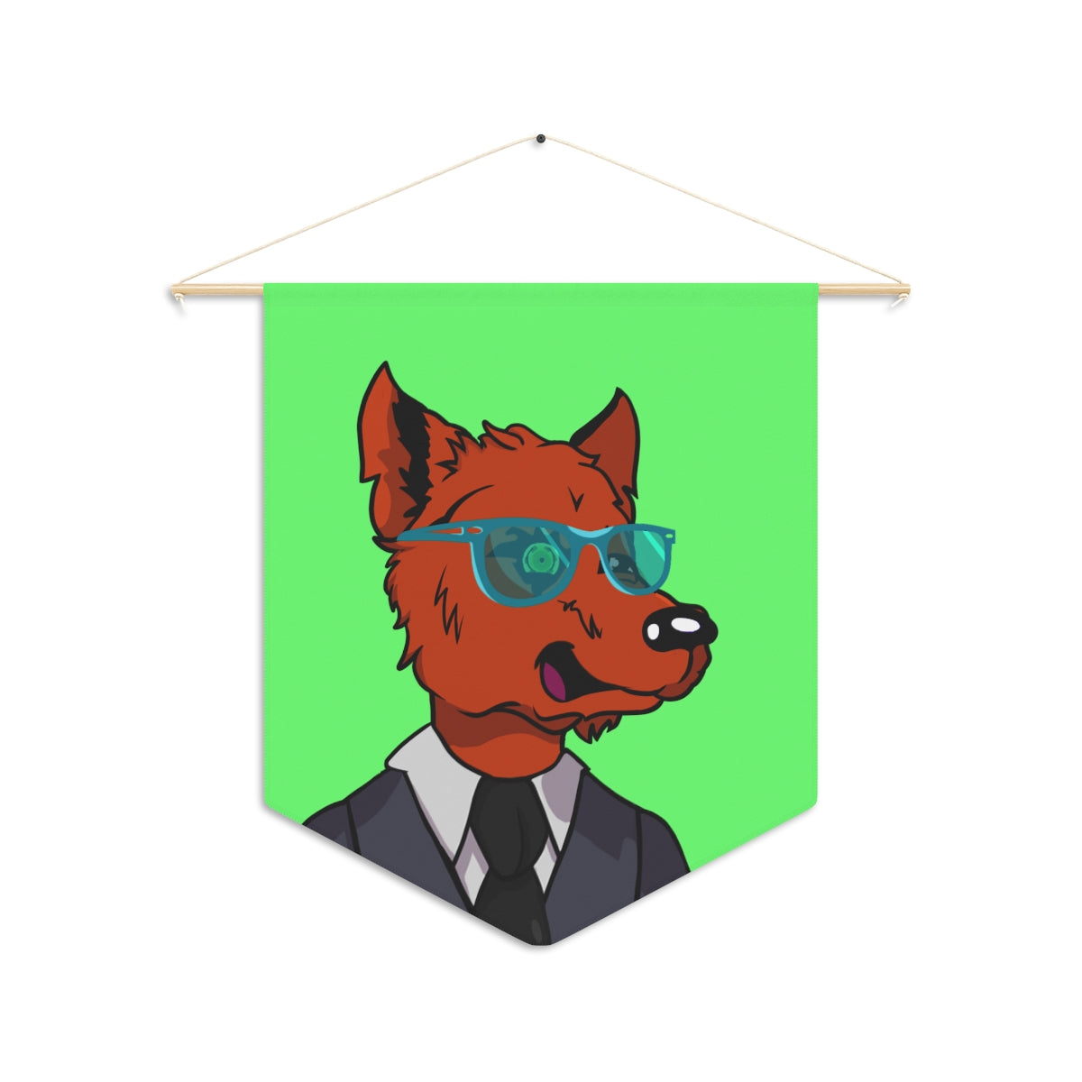 Cyborg Wolf Traje gris Corbata negra Gafas azules Banderín de piel naranja