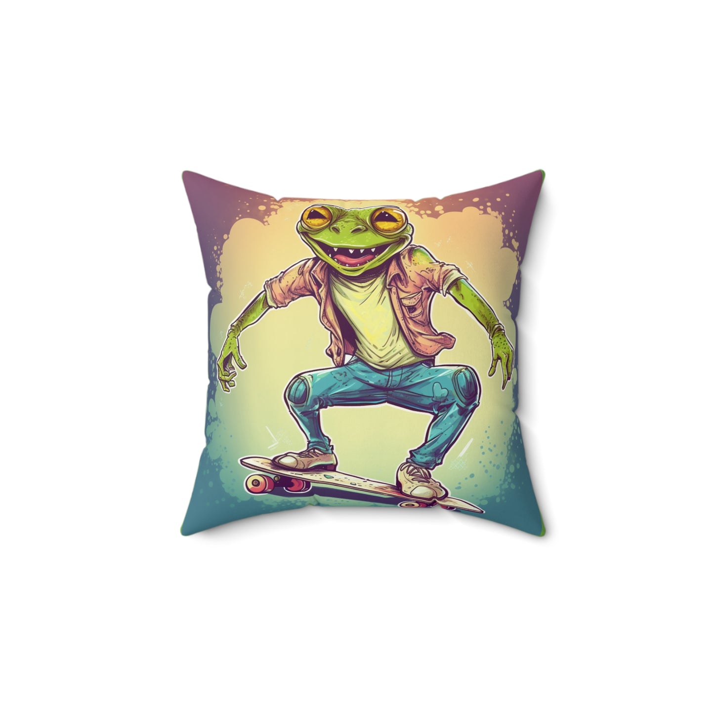 Frog Skateboard Trick Amphibian Sport Graphic Spun Polyester Square Pillow