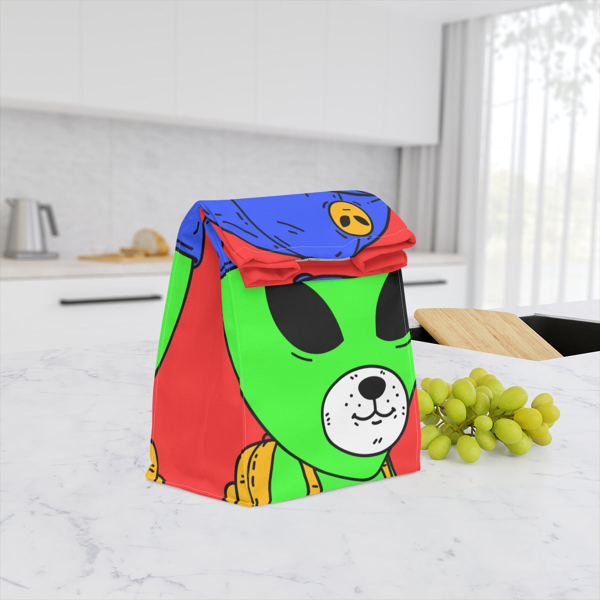 Perro Blanco Oso Boca Alien Verde Visitante Mochila Amarilla Sombrero Visi Azul Bolsa De Almuerzo De Poliéster 