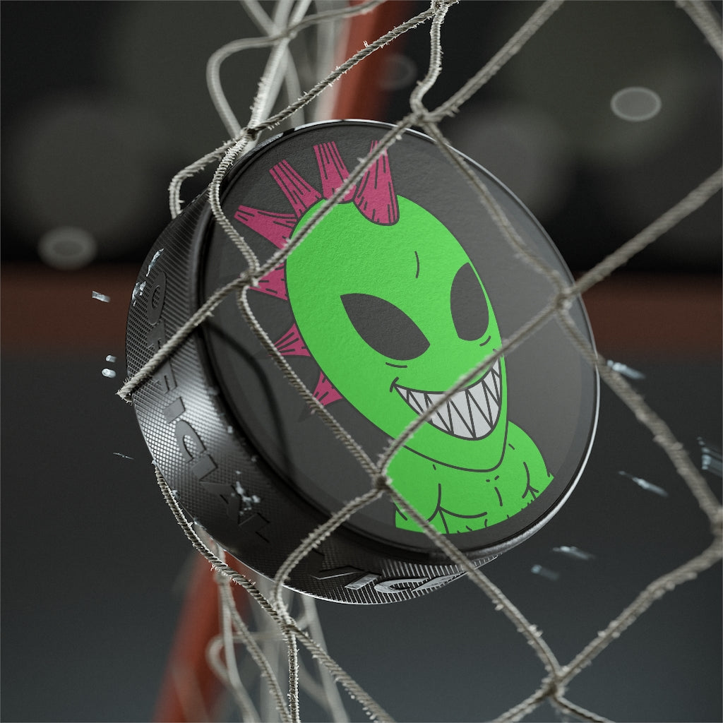 Spiked Pink Hair Muscle Big Smile Green Alien Visitor Hockey Puck