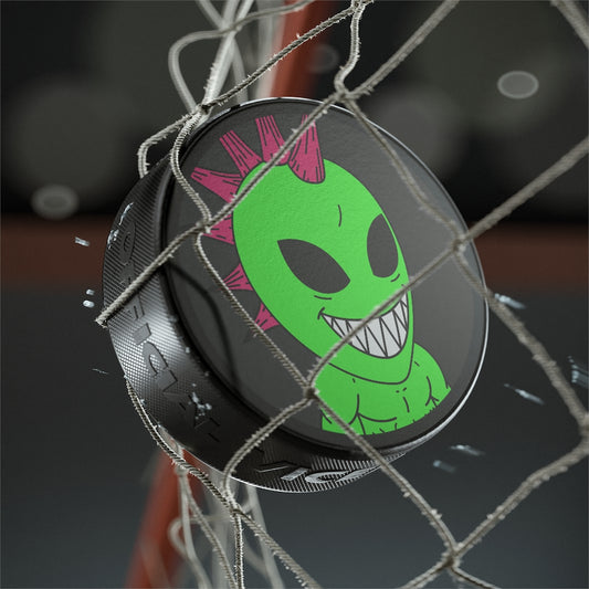 Spiked Pink Hair Muscle Big Smile Green Alien Visitor Hockey Puck
