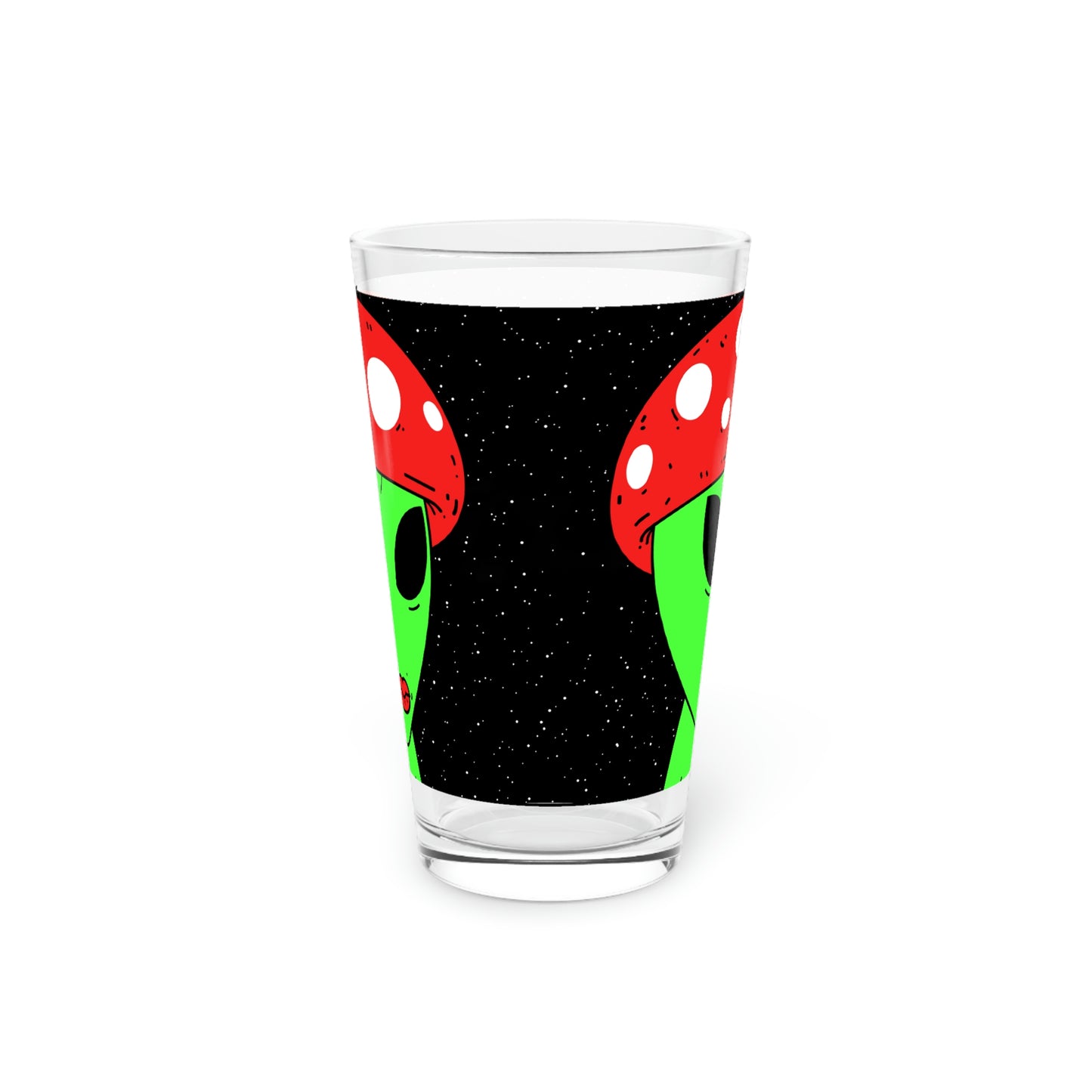 Mushroom Head Green Alien Visitor w/ Red Lips Pint Glass, 16oz