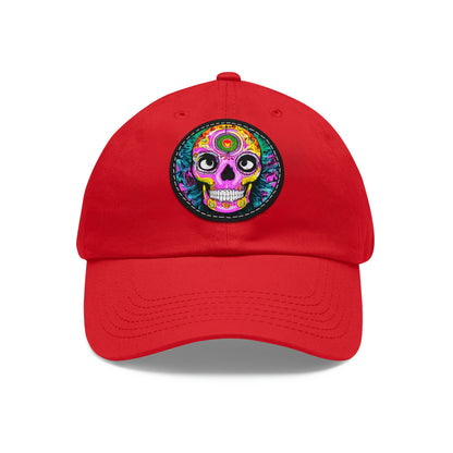 Trippy psychedelic Skull Skeleton Head Face Dad Hat with Leather Patch (Round)