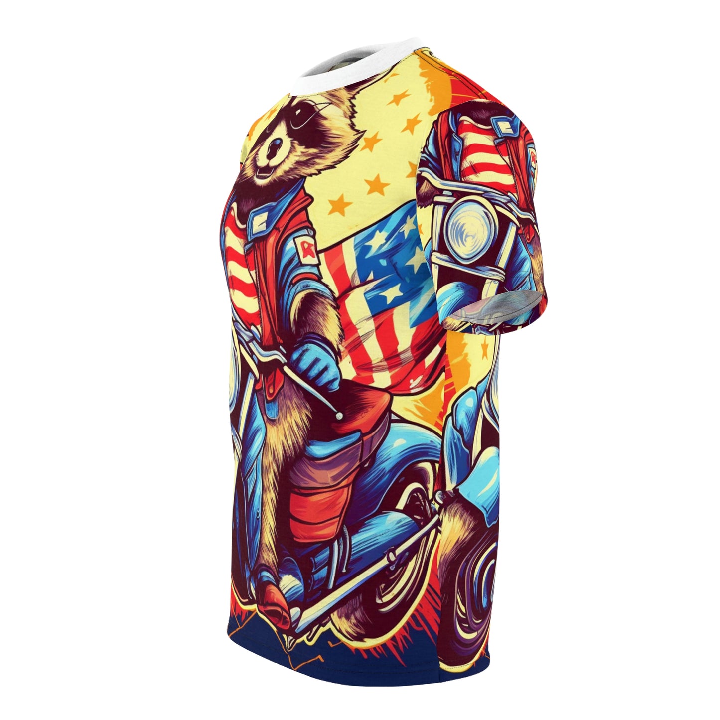 Red White and Blue American Raccoon Biker Motorcyclist Graphic Unisex Cut & Sew Tee (AOP)