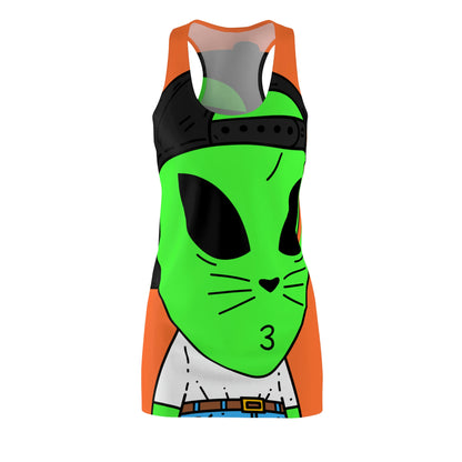 Cat Whiskers Visitor Green Alien Heart Nose Black Cap Women's Cut & Sew Racerback Dress (AOP)