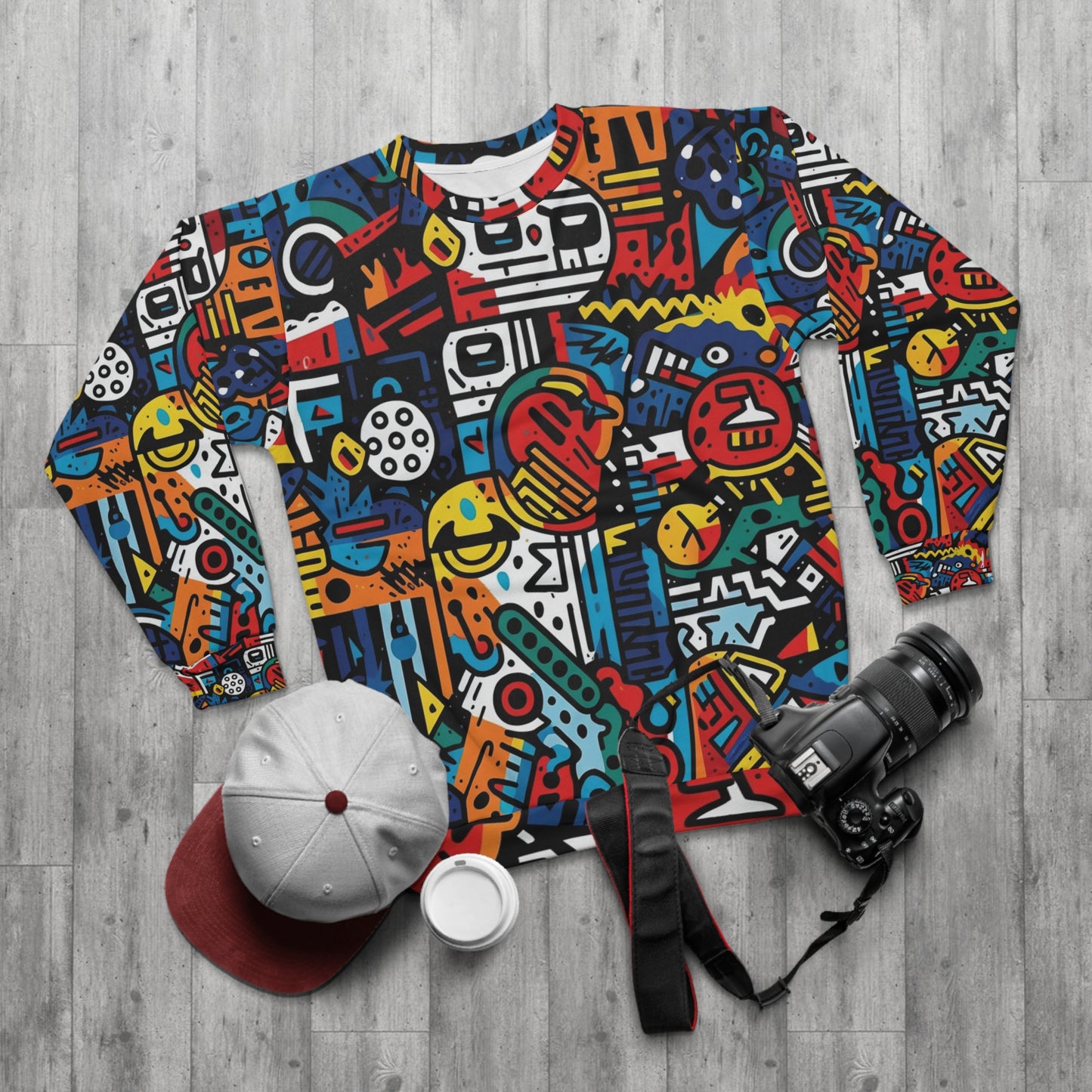 Sudadera unisex con diseño de graffiti audaz y motivos urbanos inspirados en el arte callejero (AOP) 