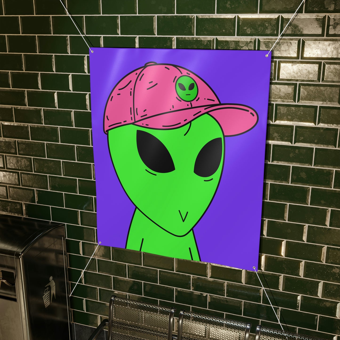 Green Alien V Face Pink Visi hat Visitor Matte Banner