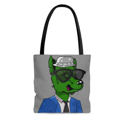 Cyborg Wolf Blue Suit Black Tie Green Wolve Fur Black Shades grey Fedora AOP Tote Bag