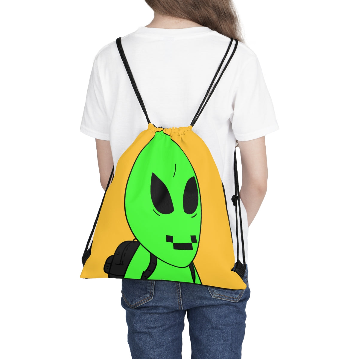 Green Alien Visitor Digital Face Black Backpack Outdoor Drawstring Bag