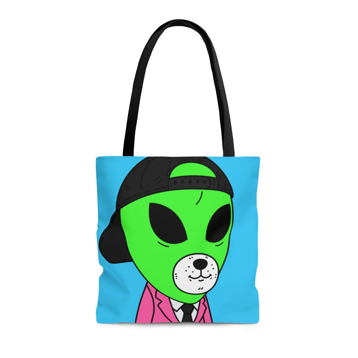 White Bear Dog Face Pink Suit Green Alien Visitor Black Cap AOP Tote Bag