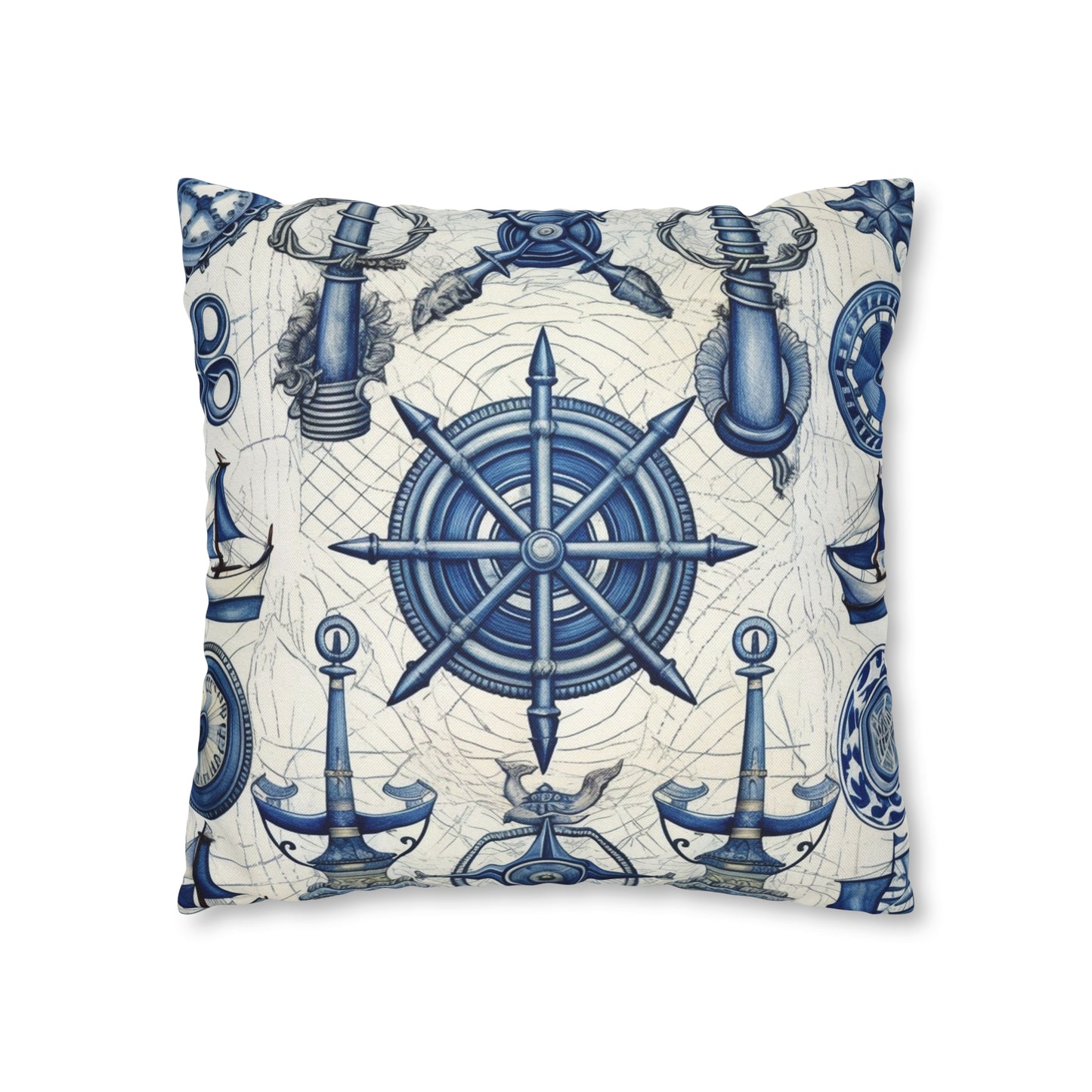 Nautical Theme Art - Anchors, Ropes, Compass Spun Polyester Square Pillow Case