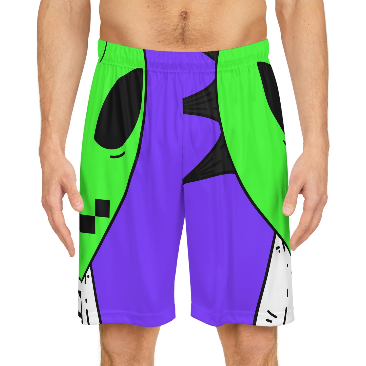 Cow Green Alien Spike Black Hair Digital Smile Visitor Basketball Shorts (AOP)