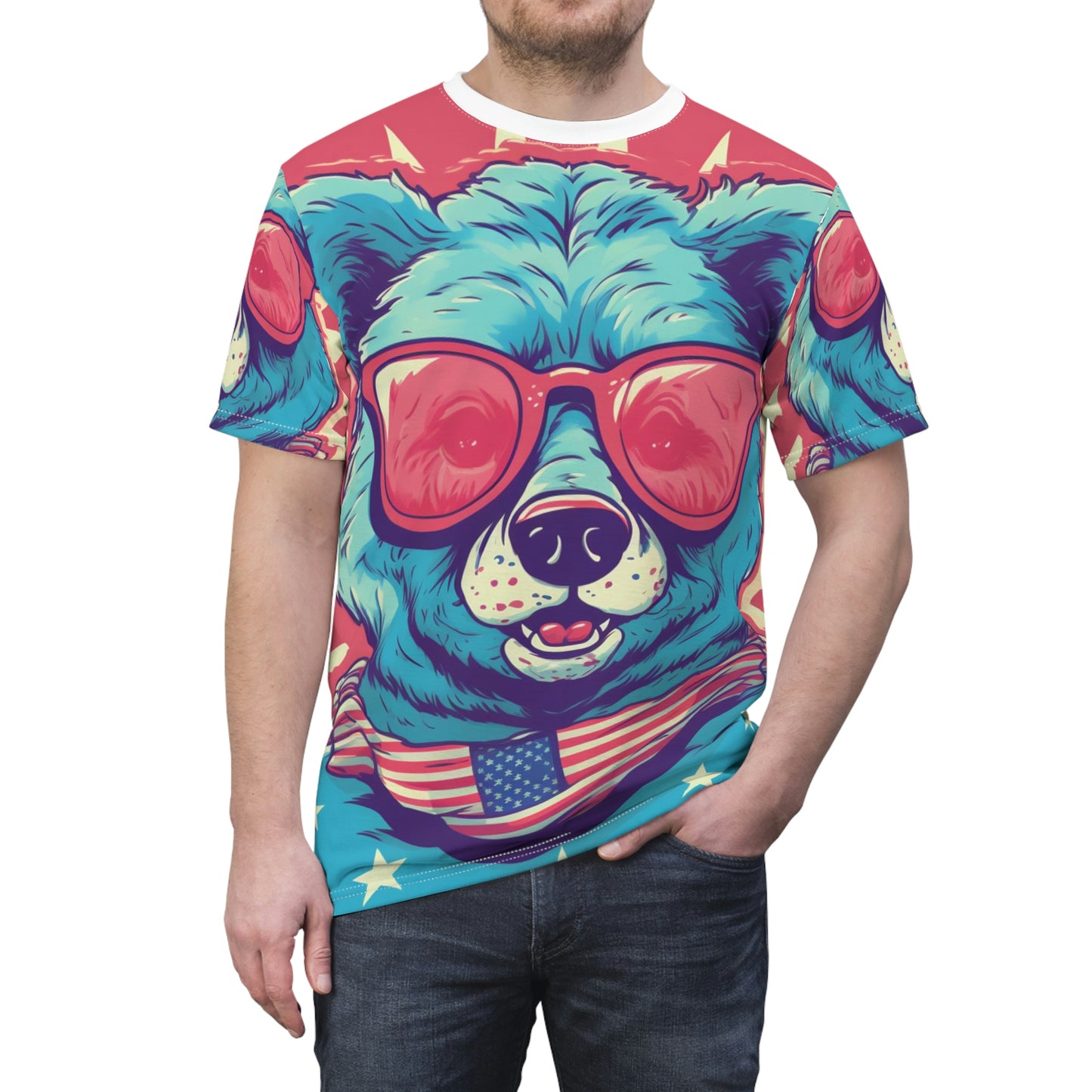 4th of July Festive Fun: Cute Patriotic Bear Graphic USA Style Unisex Cut & Sew Tee (AOP)