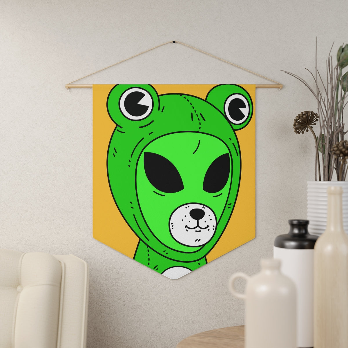 Green Kek Frog Alien Space Character Cartoon Dog Bear Face Visitor Pennant