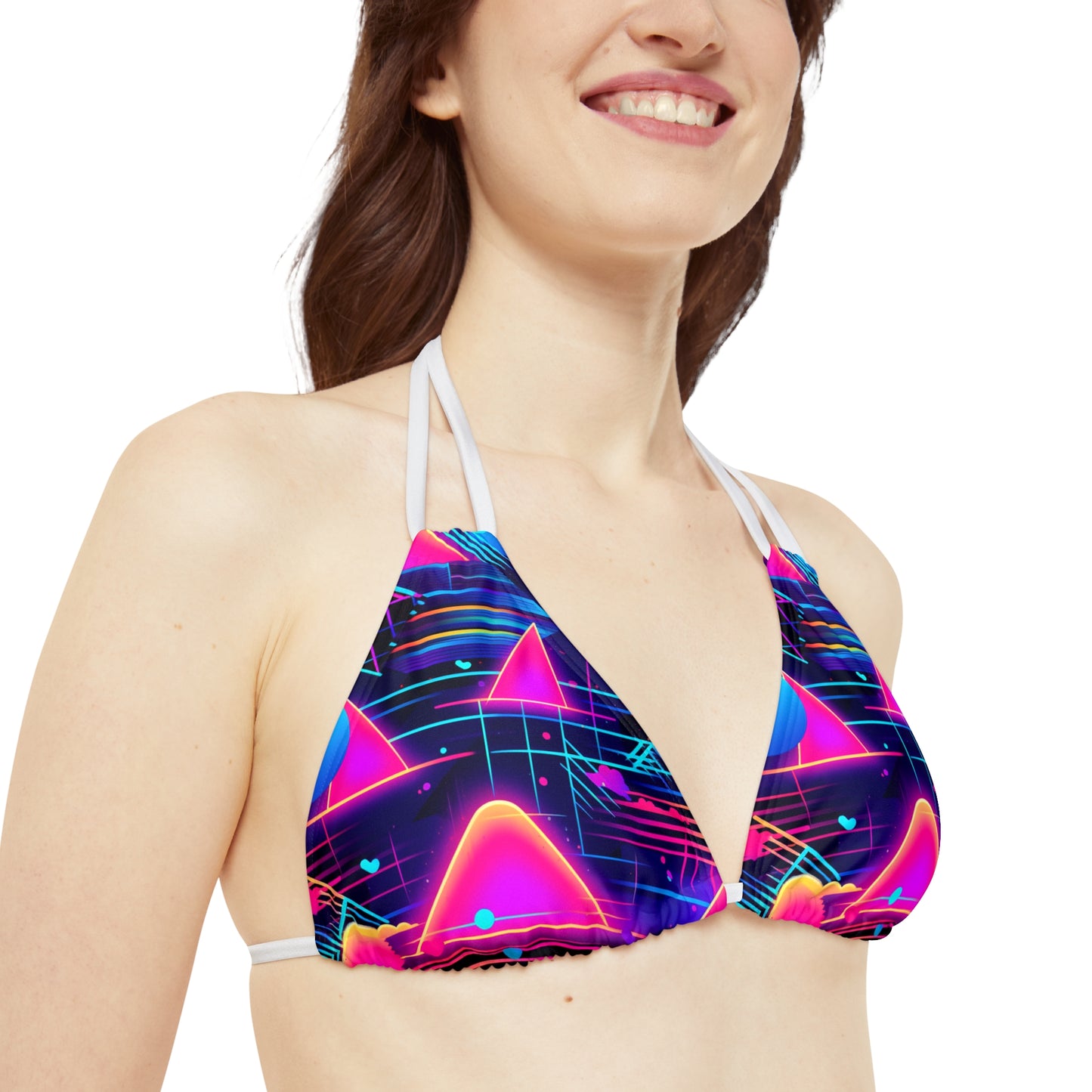 80s Synthwave Retro-Futuristic Inspired Pattern Design Strappy Bikini Set (AOP)