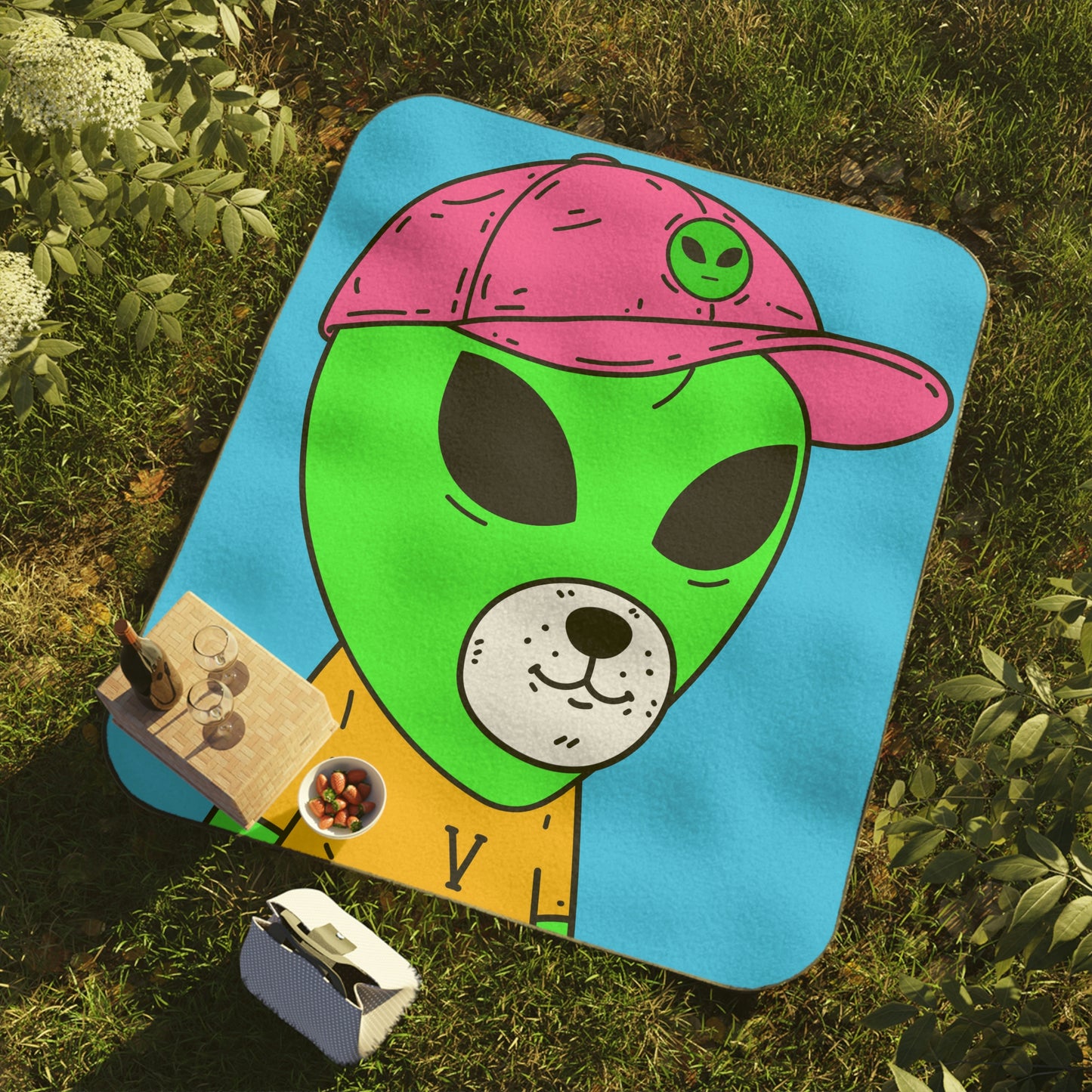 Cara de oso de perro visitante extraterrestre verde Camisas VT amarillas Manta de picnic Visi rosa