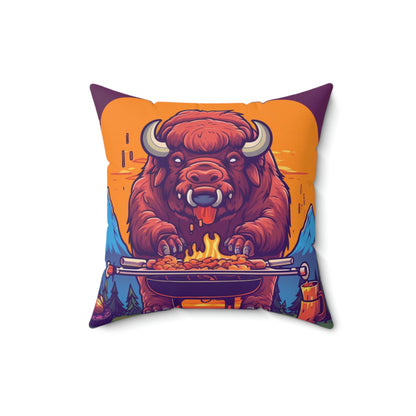 American Bison Grill Cook Food Buffalo Graphic Spun Polyester Square Pillow