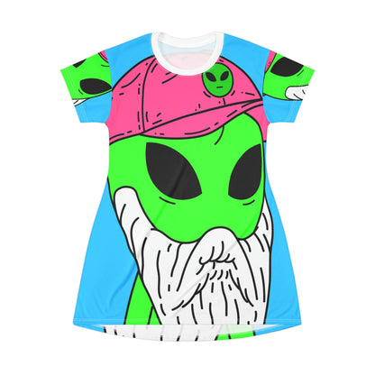 Beard Visitor Pink Hat Alien Cartoon T-Shirt Dress (AOP)