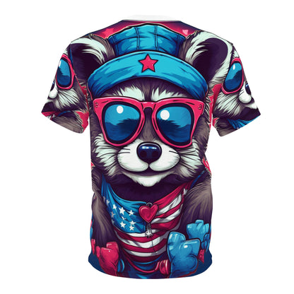 Cute Furry Raccoon Animal USA Flag Style Unisex Cut & Sew Tee (AOP)