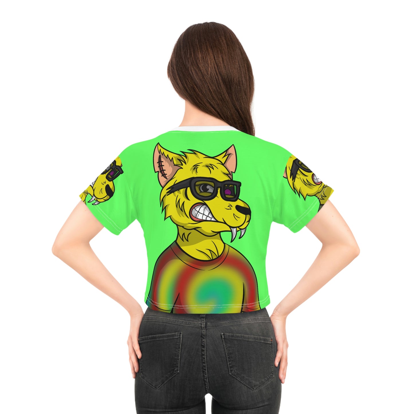 Wolve Cyborg Tie Dye Wolf Shirt Yellow Fur Cool Sun Glasses AOP Crop Tee